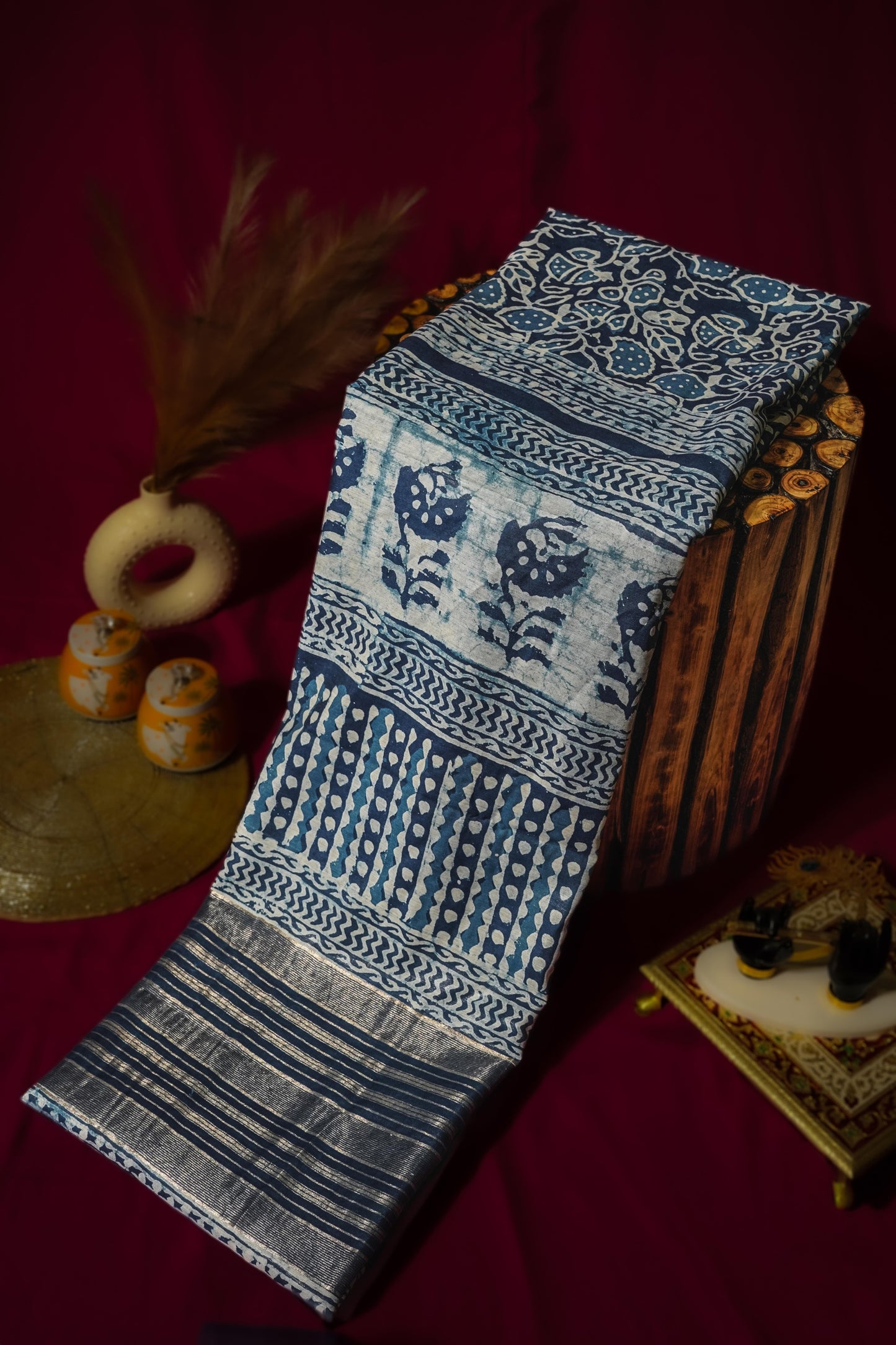 Sutrayan Neelpatra — Handloom Indigo Blue Saree with White Block Print and Silver Zari Border
