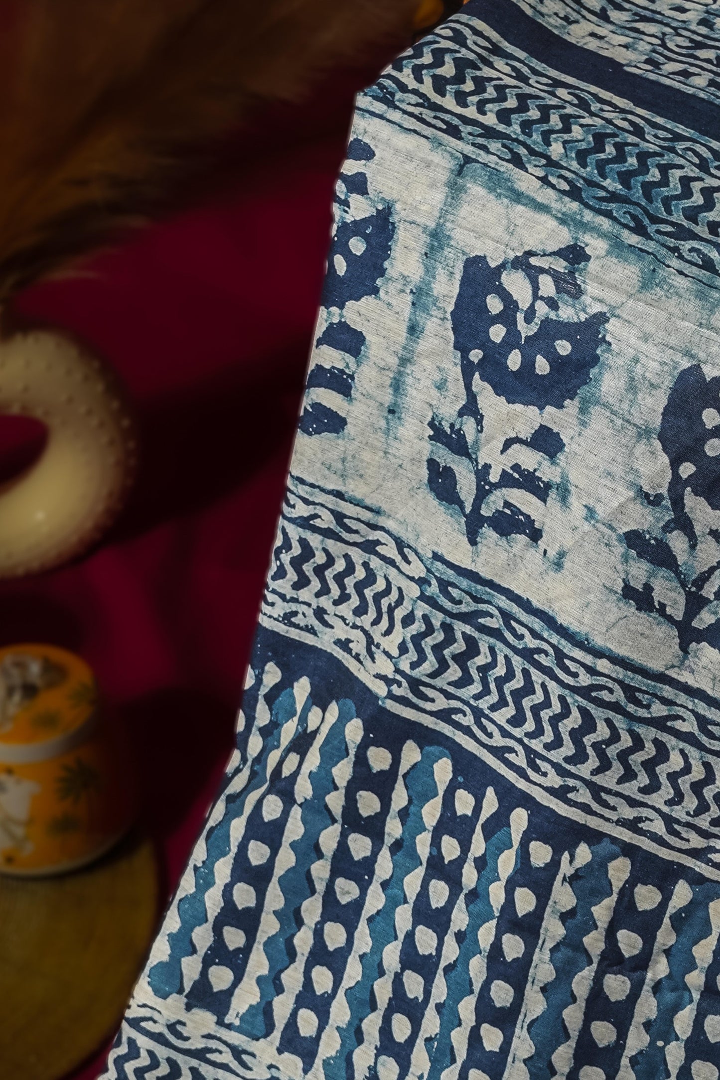 Sutrayan Neelpatra — Handloom Indigo Blue Saree with White Block Print and Silver Zari Border