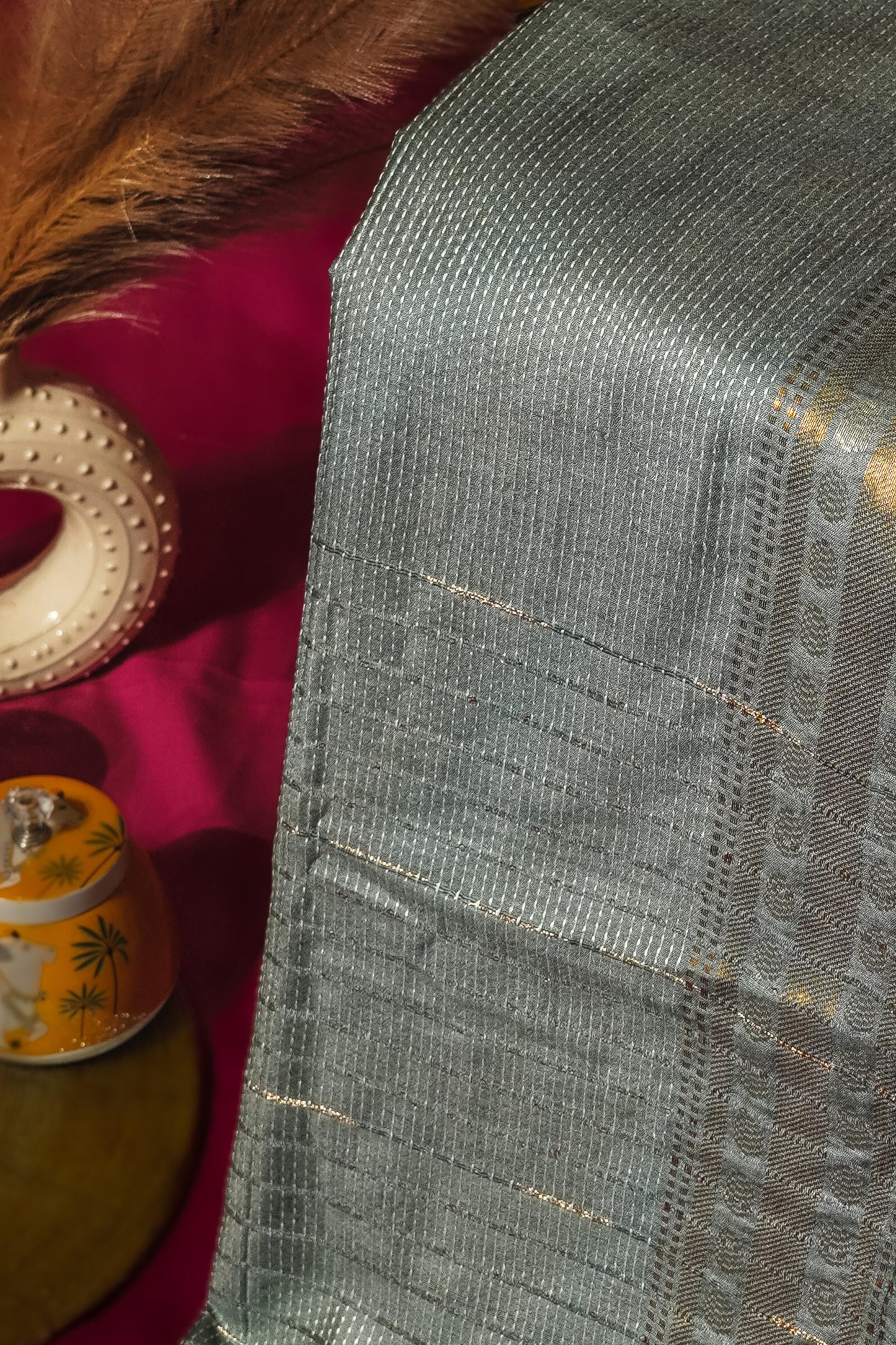 Sutrayan Silver Sage - Steel Grey Kora Silk Saree with Hand Kantha Stitch