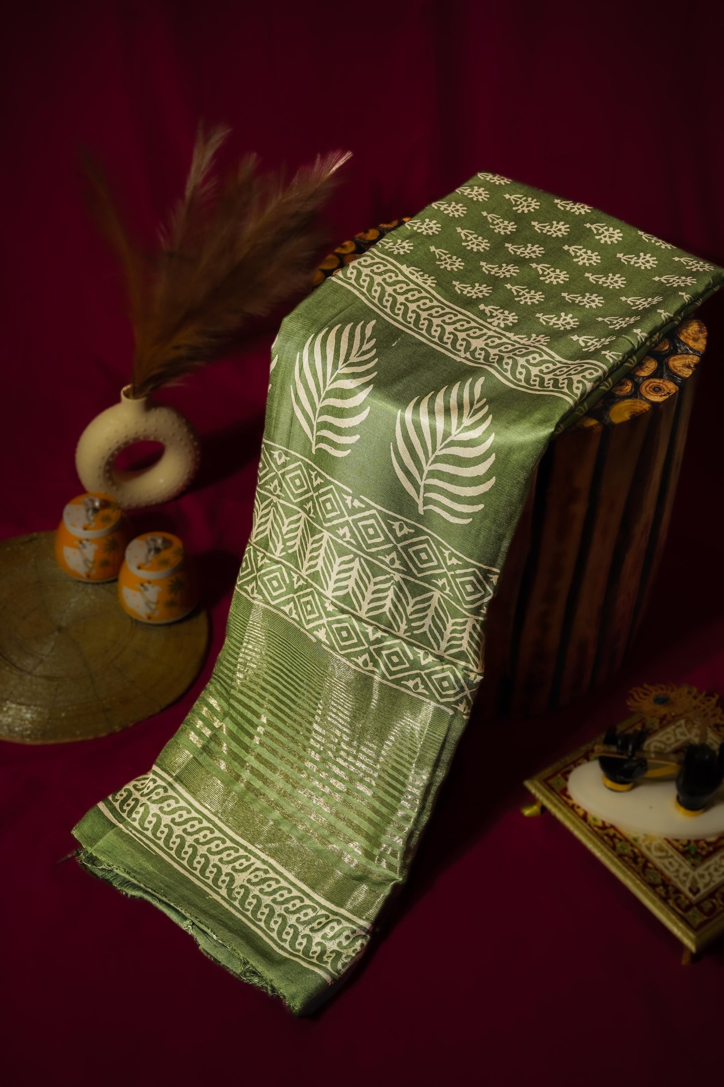Sutrayan Neem Grace - Olive Green Mulberry Muslin Silk Saree with Floral Buta Work