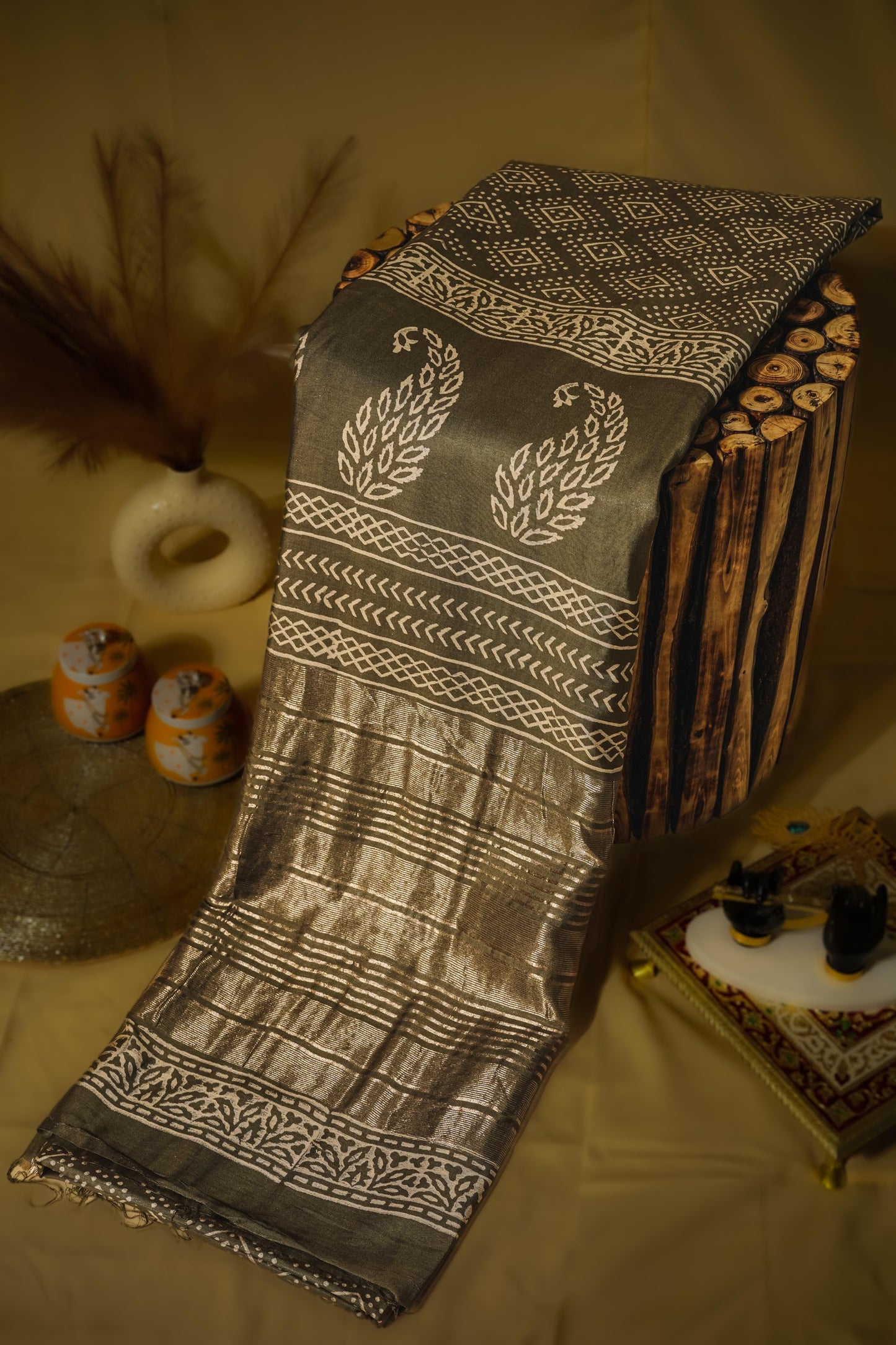 Sutrayan Obsidian Elegance — Soft Silk Saree with Diamond Buta Weave