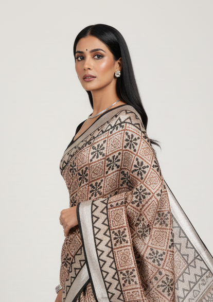 Ira Beige Black - Bagru Block Print linen Saree