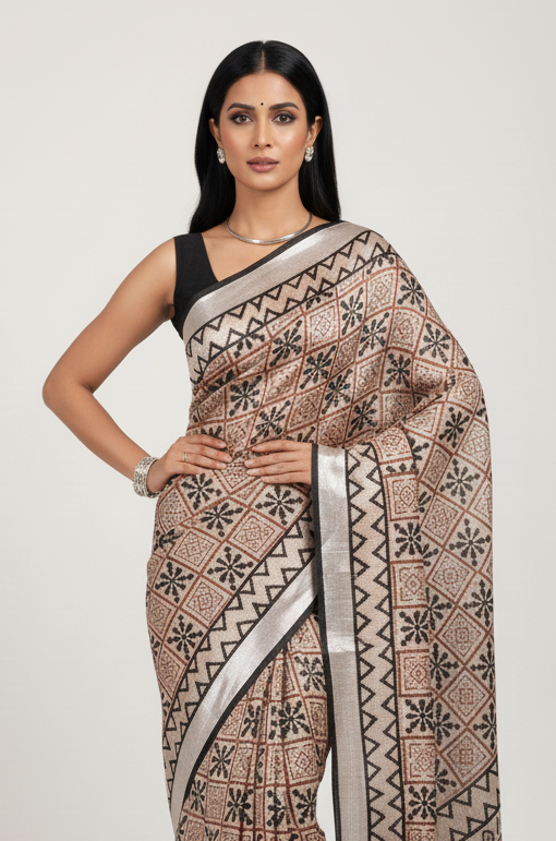 Ira Beige Black - Bagru Block Print linen Saree