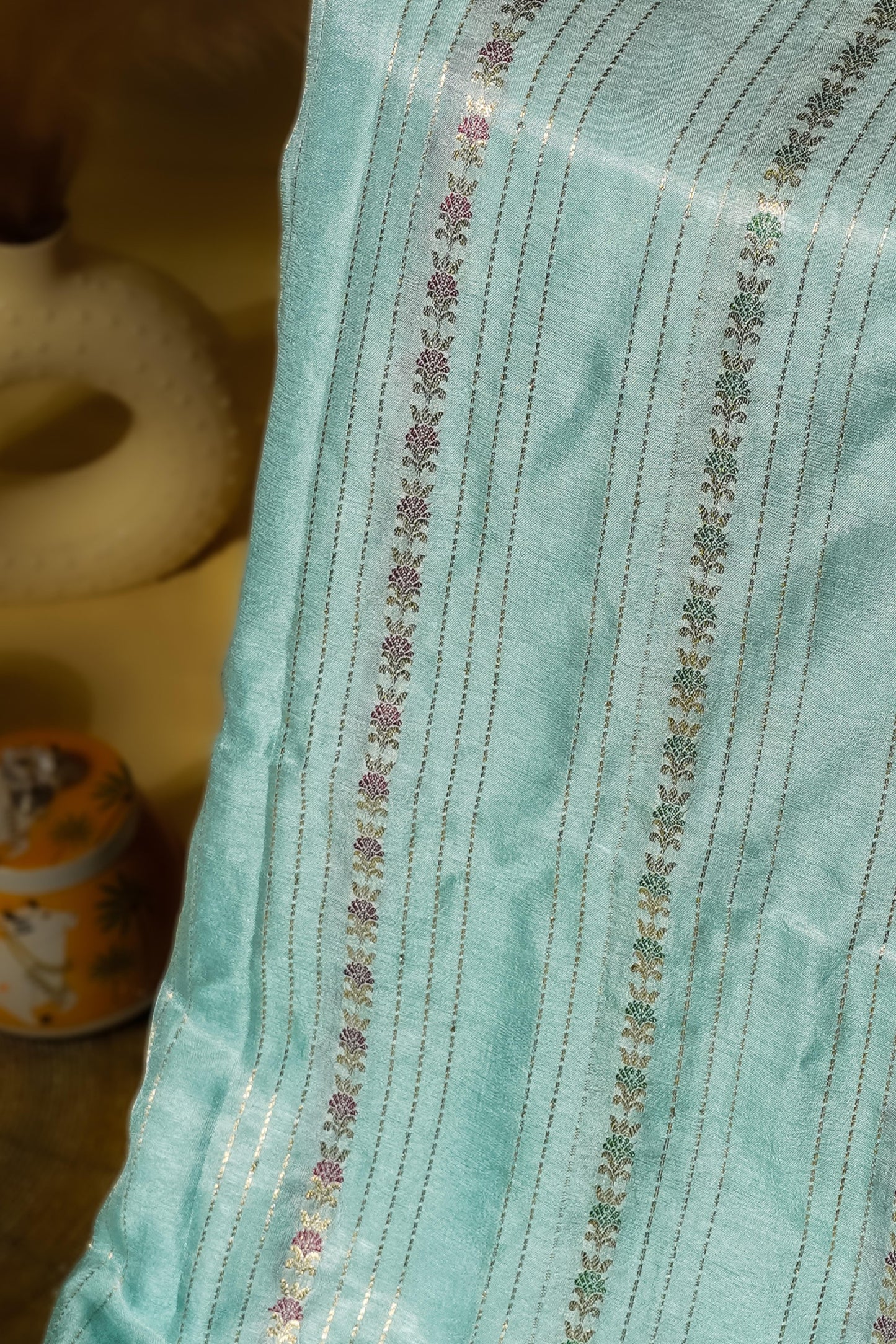Sutrayan Ice Blue Sheen — Soft Russian Silk Saree with Subtle Zari Accents