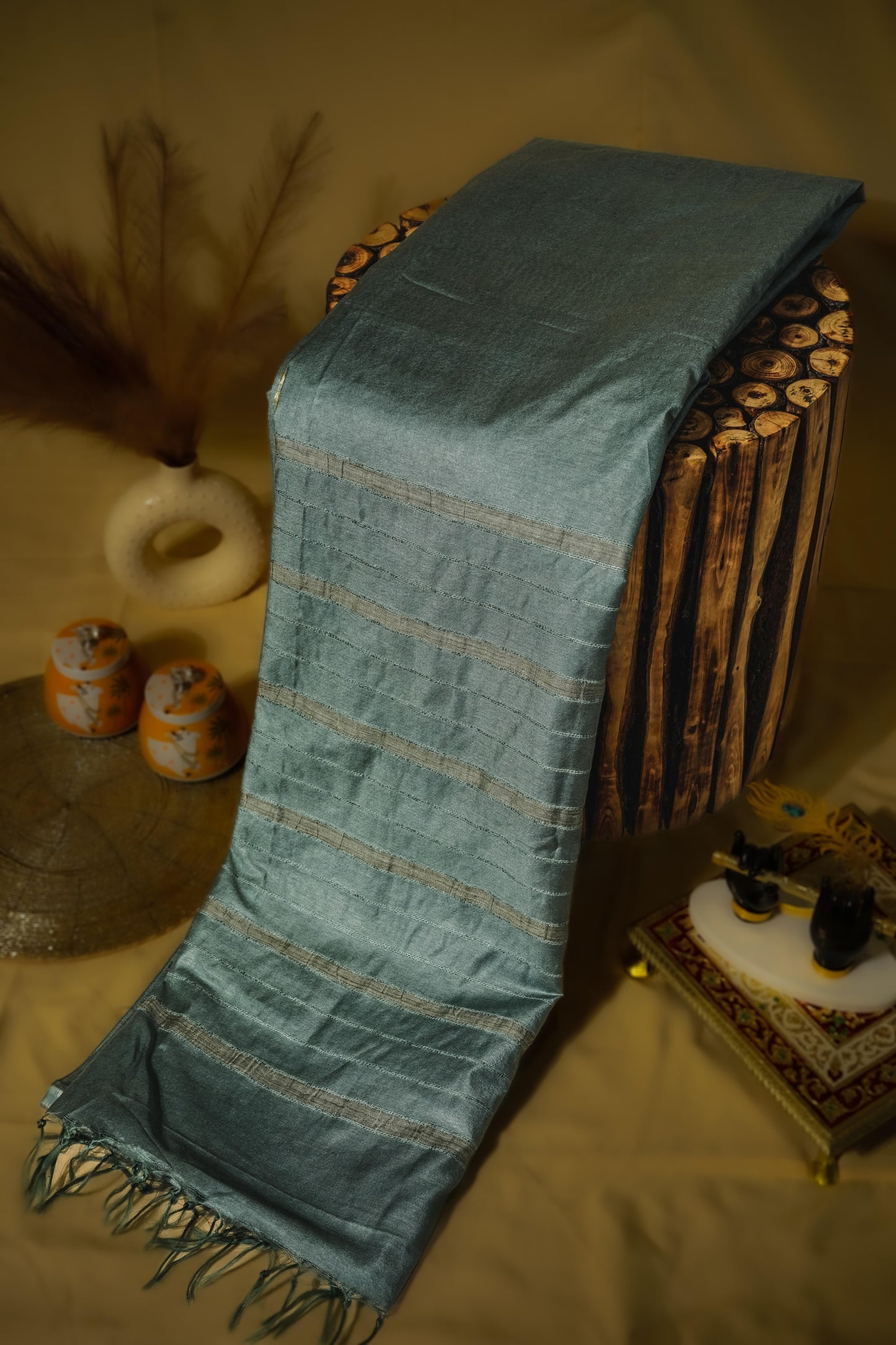 Sutrayan Teal Blue Mirage - Matte Chanderi Silk Saree with Chevron Border