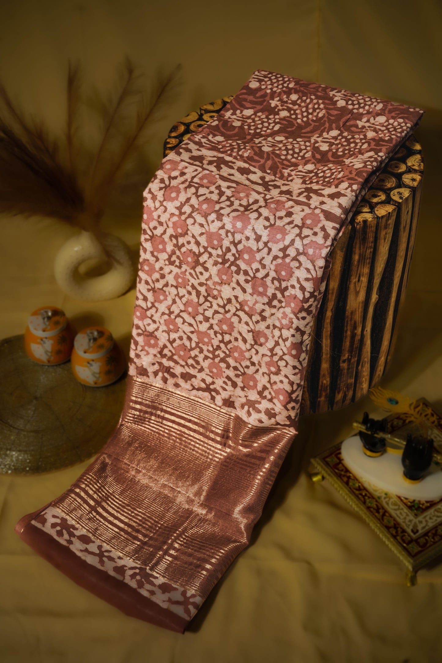 Sutrayan Rosewood Bloom — Soft Silk Saree with Vintage Floral Zari Weave