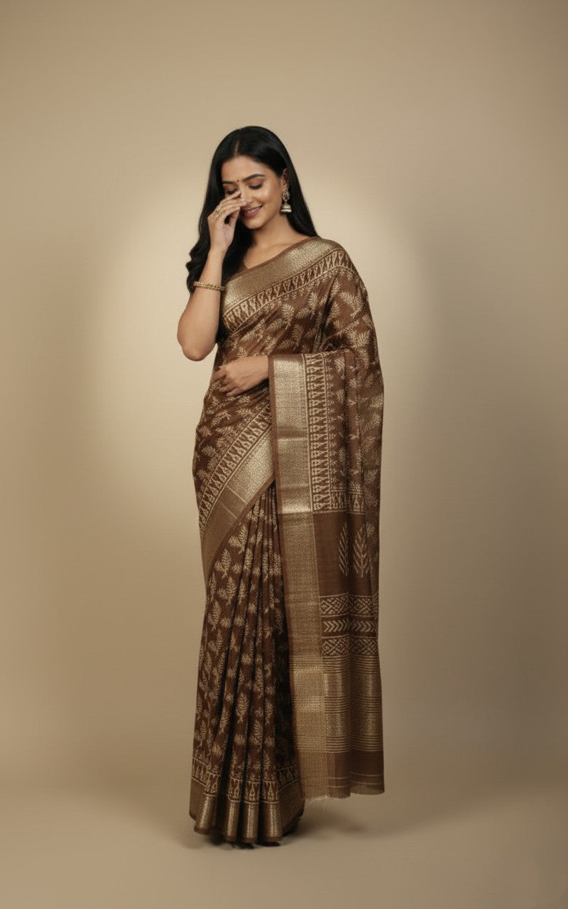 Sutrayan Cocoa Gold — Heritage Soft Silk Saree with Zari Palm Motifs
