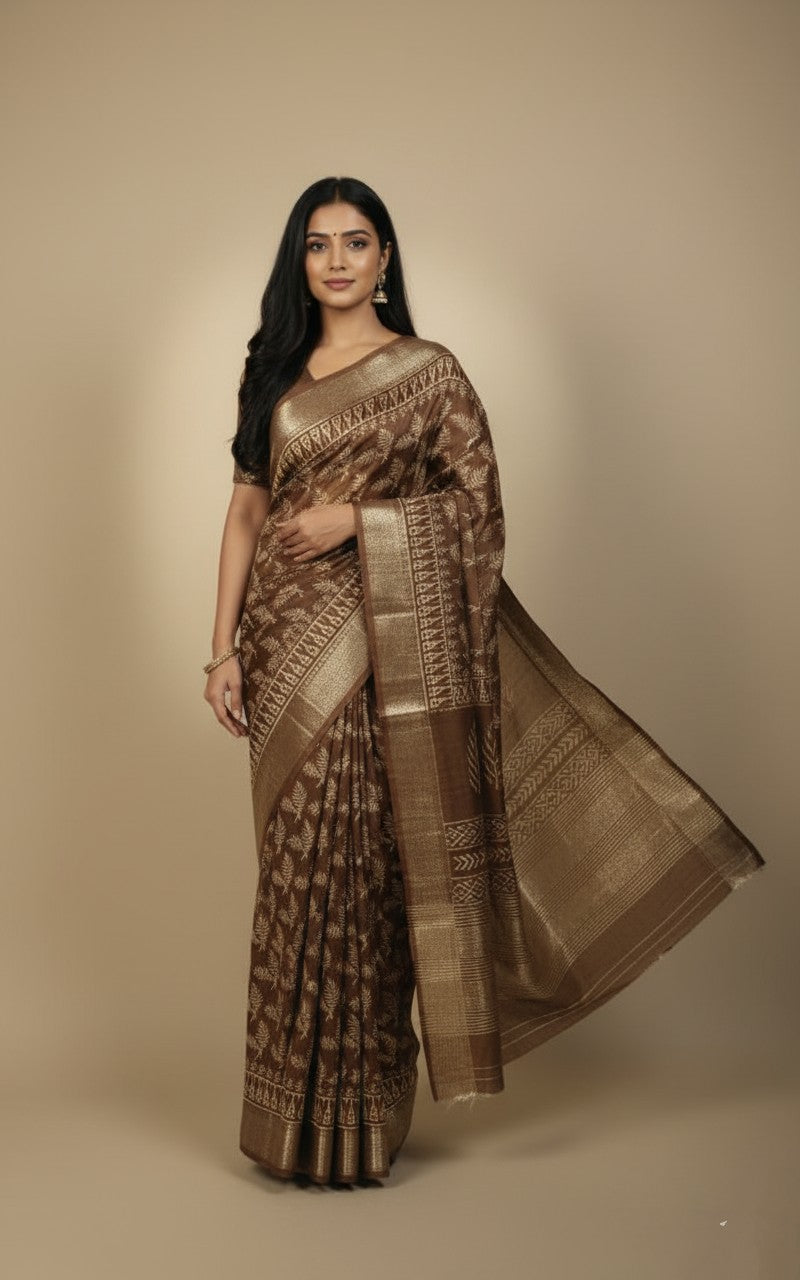 Sutrayan Cocoa Gold — Heritage Soft Silk Saree with Zari Palm Motifs