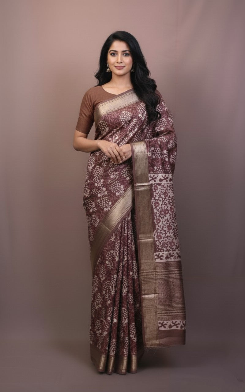 Sutrayan Rosewood Bloom — Soft Silk Saree with Vintage Floral Zari Weave