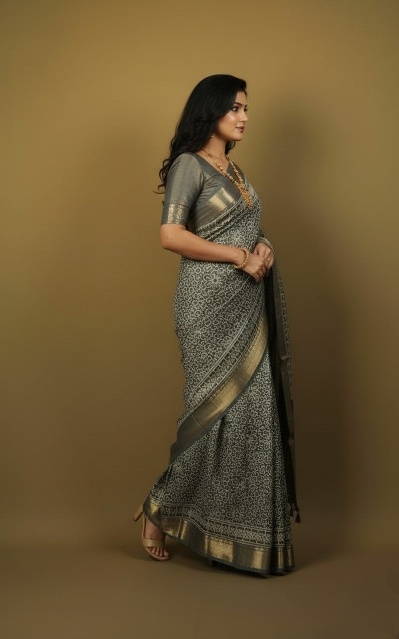 Sutrayan Teal Bloom — Soft Muslin Silk Saree with Floral Lining