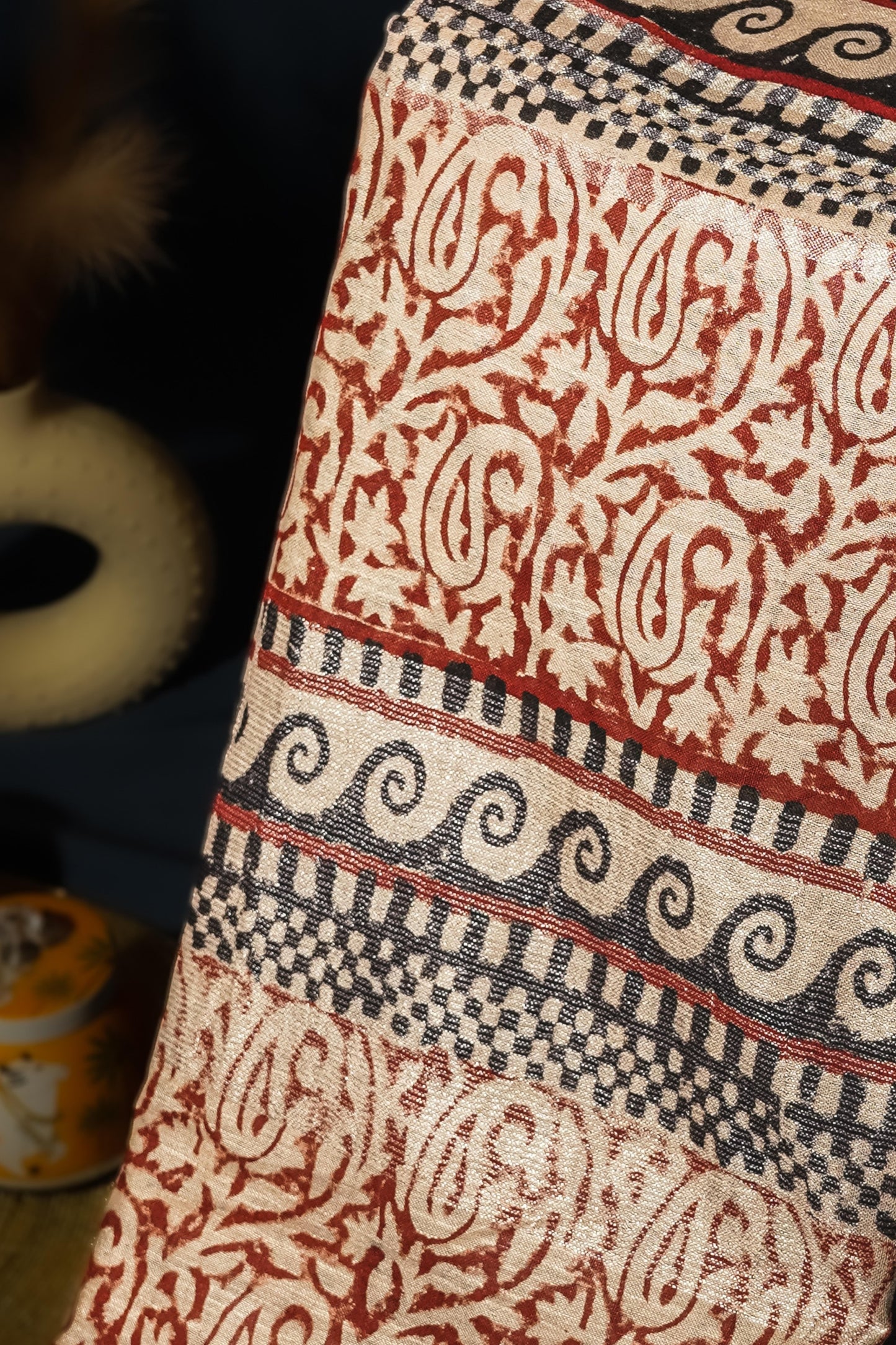 Ira Beige Black - Bagru Block Print linen Saree