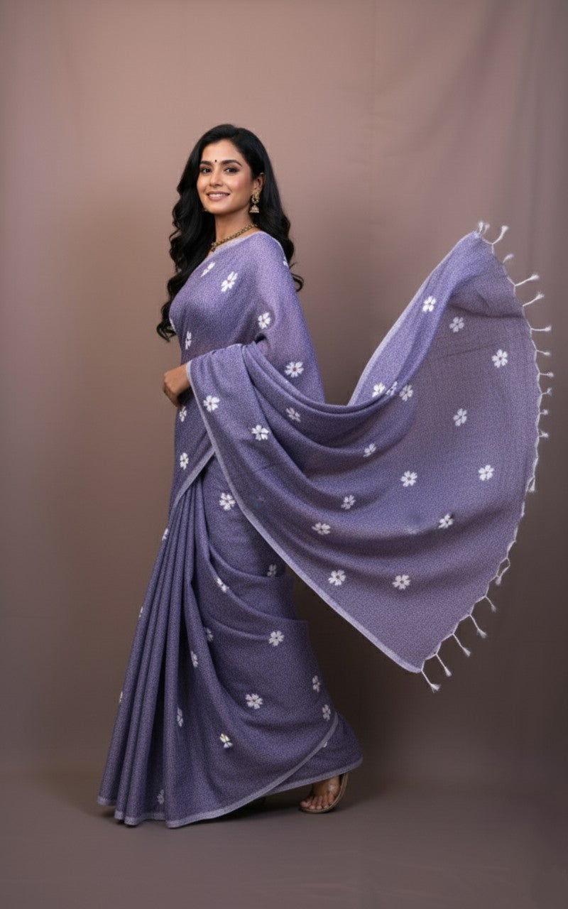 Sutrayan Lavender Bloom - Handwoven Cotton Saree with Daisy Embroidery