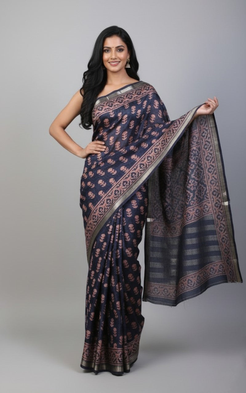 Noir Bloom — Midnight Blue Handwoven Silk Saree with Rosewood Motifs
