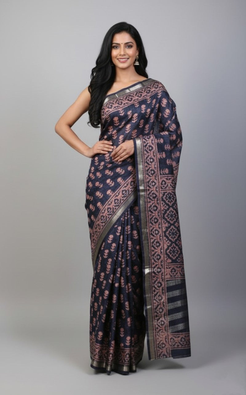 Noir Bloom — Midnight Blue Handwoven Silk Saree with Rosewood Motifs