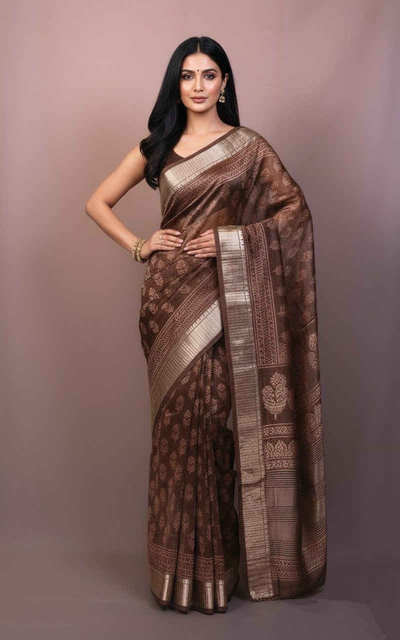 Mocha Gold Elegance — Handwoven Silk Saree with Zari Detailing