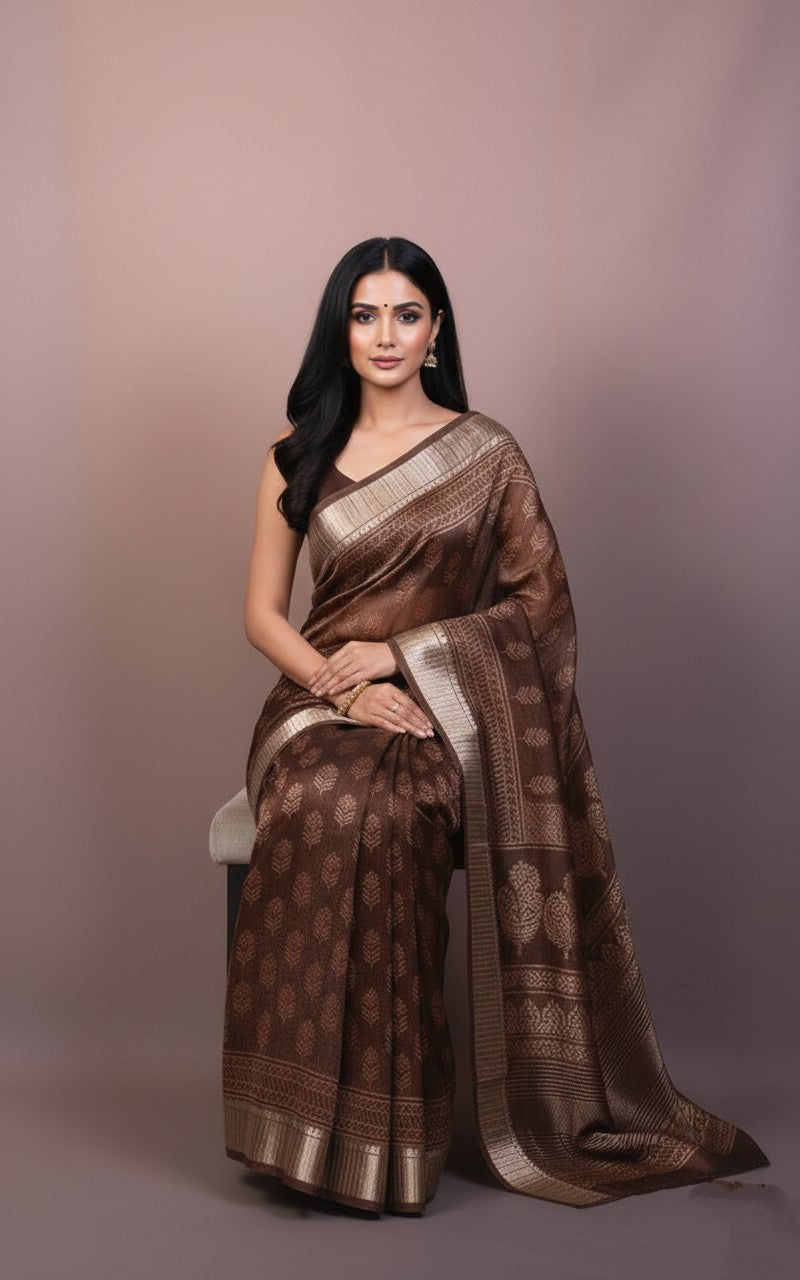 Mocha Gold Elegance — Handwoven Silk Saree with Zari Detailing