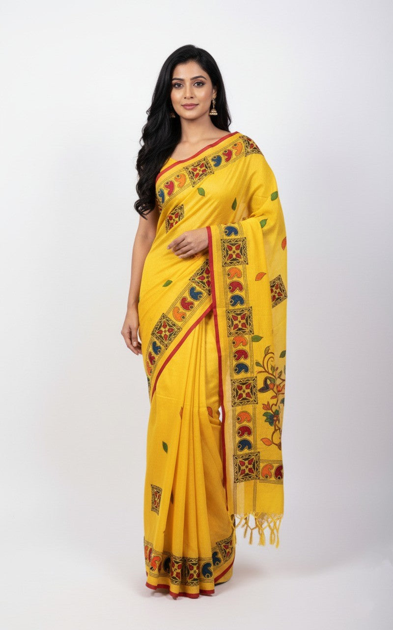 Phoolwari Charm — Yellow Hand-Painted Cotton Saree with Kalamkari Motifs