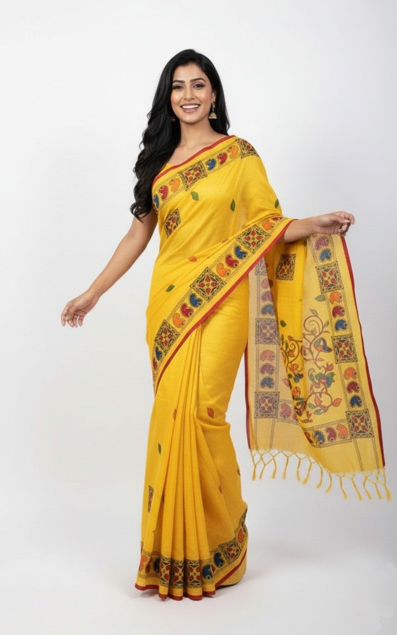 Phoolwari Charm — Yellow Hand-Painted Cotton Saree with Kalamkari Motifs