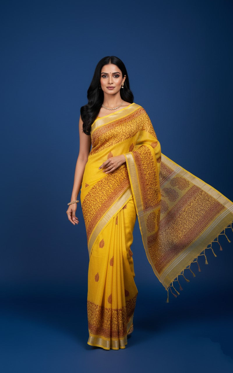 Surya Teej — Sunshine Yellow Cotton Saree with Traditional Maroon Leaf Motifs