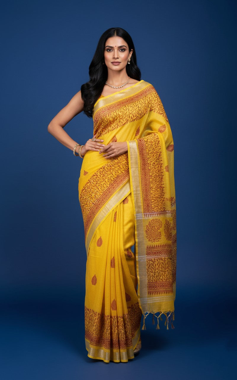 Surya Teej — Sunshine Yellow Cotton Saree with Traditional Maroon Leaf Motifs