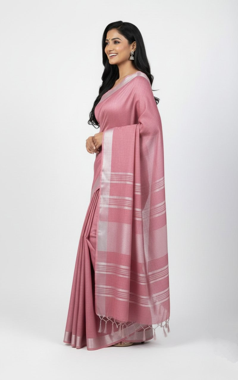 Sutrayan Blush - Handwoven Pink Cotton-Silk Saree with Subtle Silver Border
