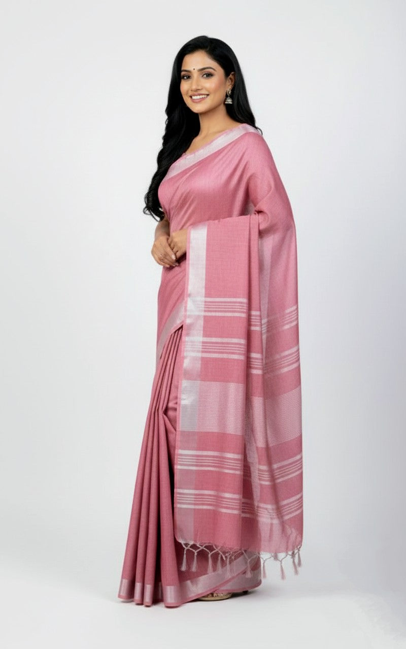 Sutrayan Blush - Handwoven Pink Cotton-Silk Saree with Subtle Silver Border