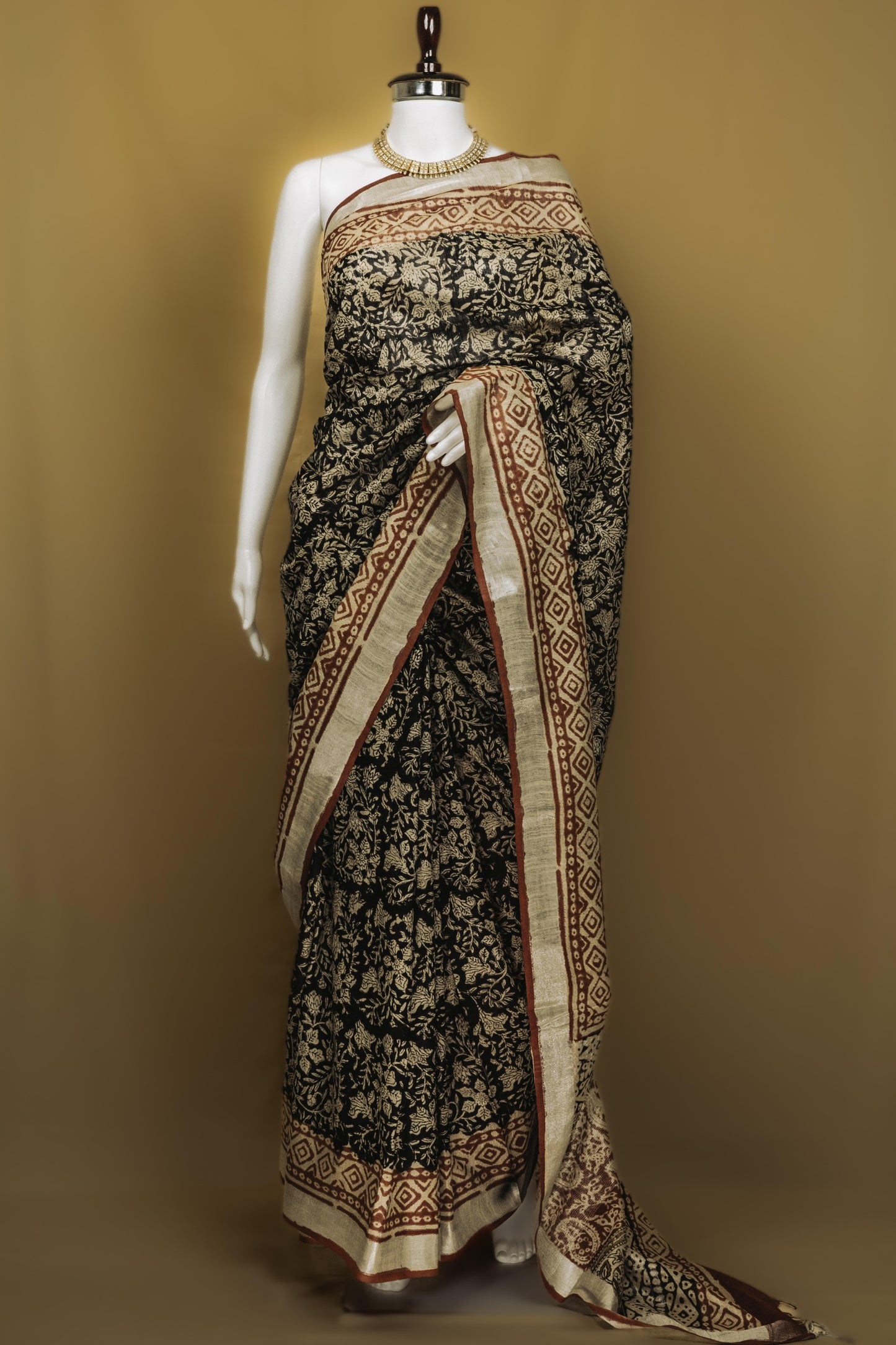 Sutrayan Earthsong - Handwoven Black & Beige Linen Saree with Botanical Motifs