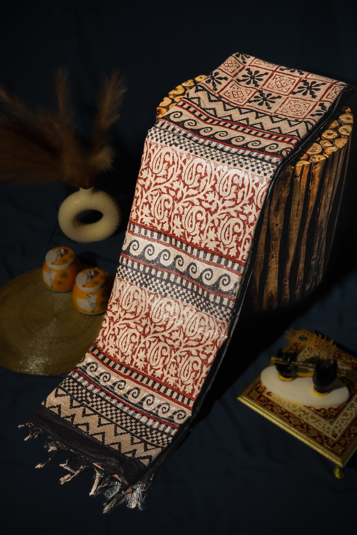 Ira Beige Black - Bagru Block Print linen Saree