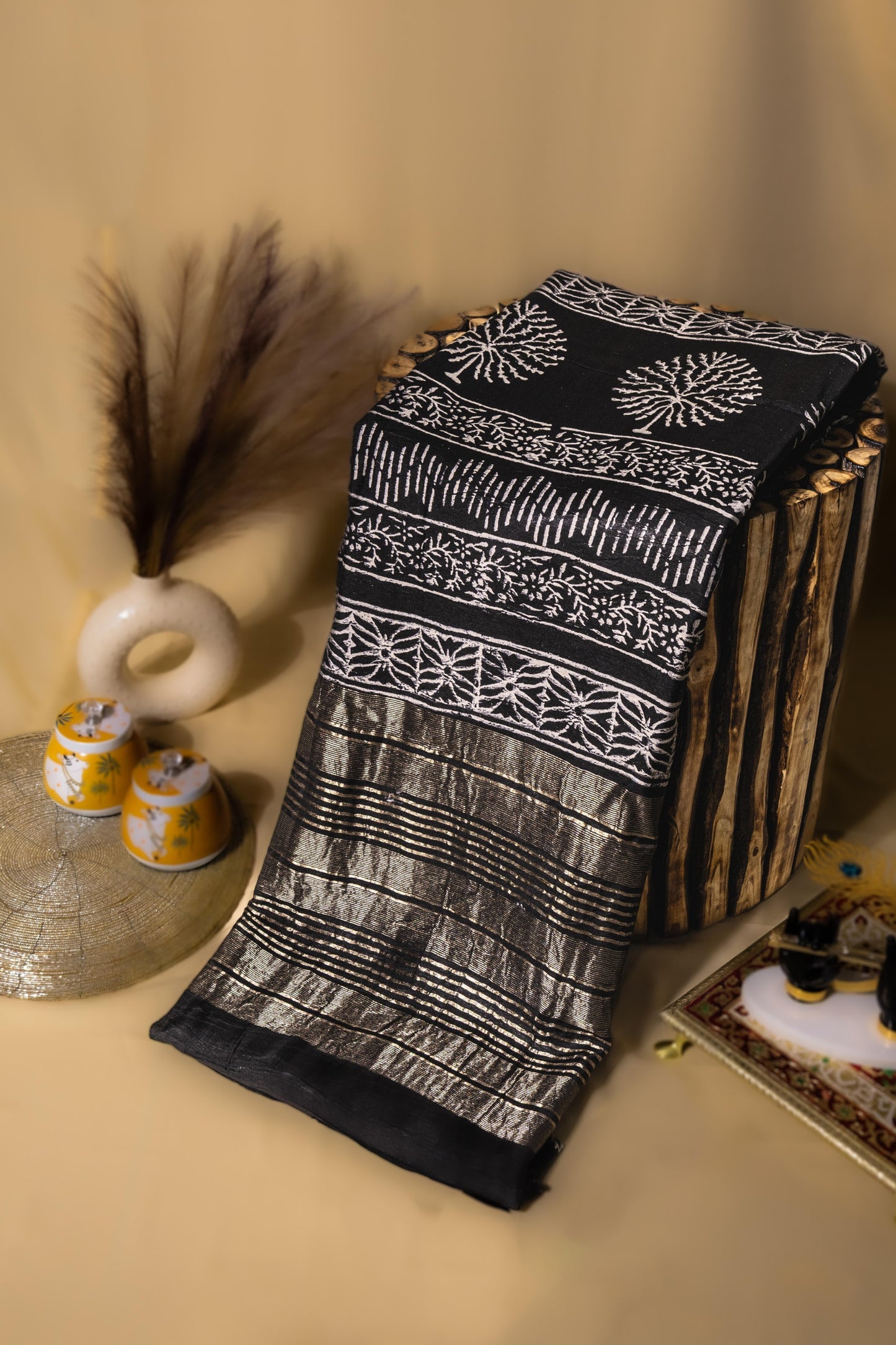 Sutrayan Black Blossom - Handwoven Black Silk Saree with Floral Zari Embroidery