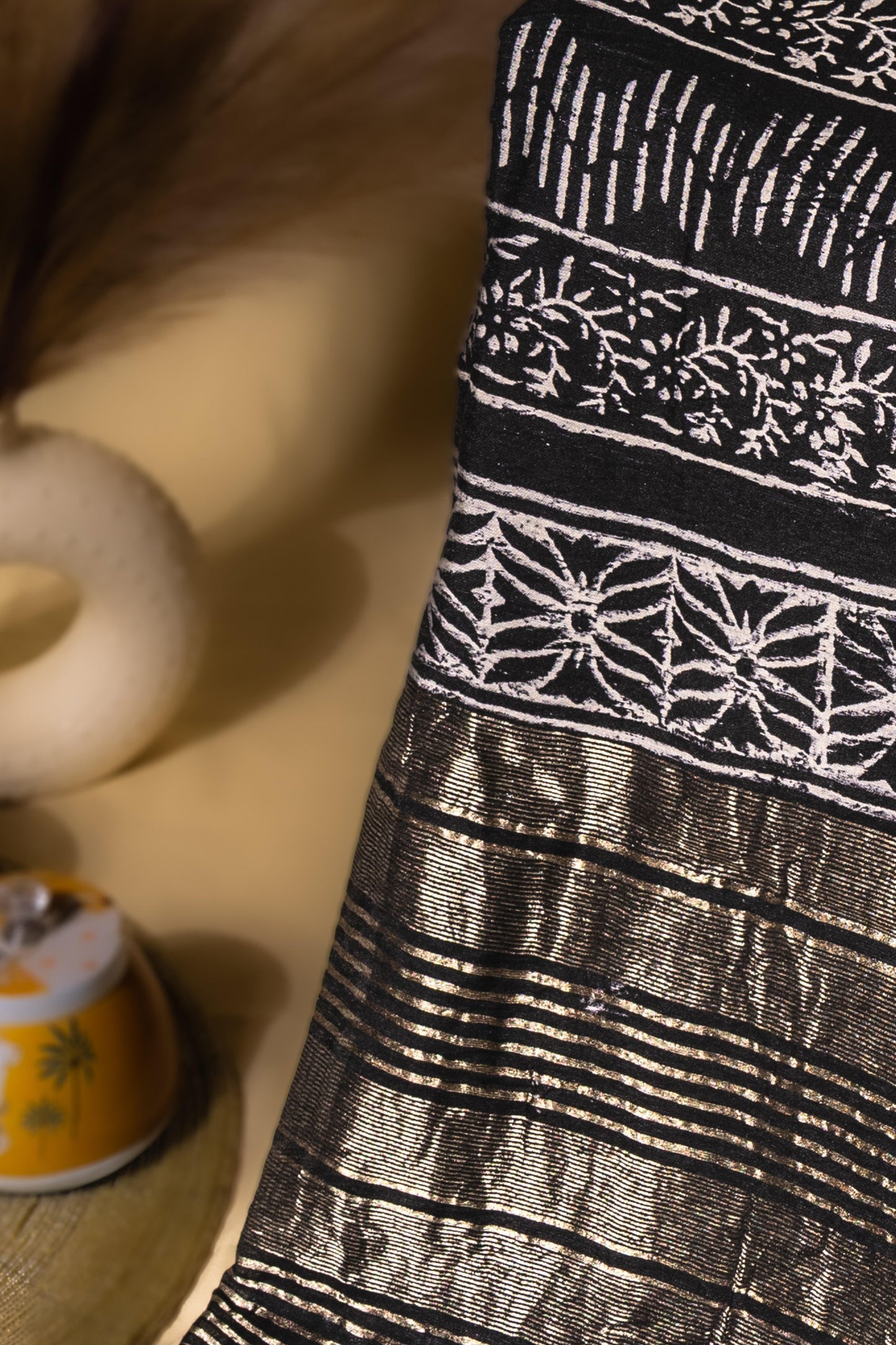 Sutrayan Black Blossom - Handwoven Black Silk Saree with Floral Zari Embroidery