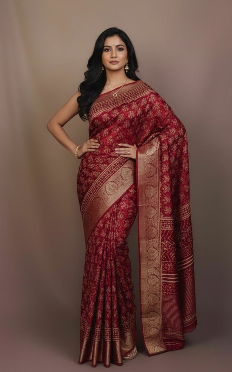 Sutrayan Maroon Majesty - Handwoven Silk Saree with Antique Zari Weave and Traditional Buta