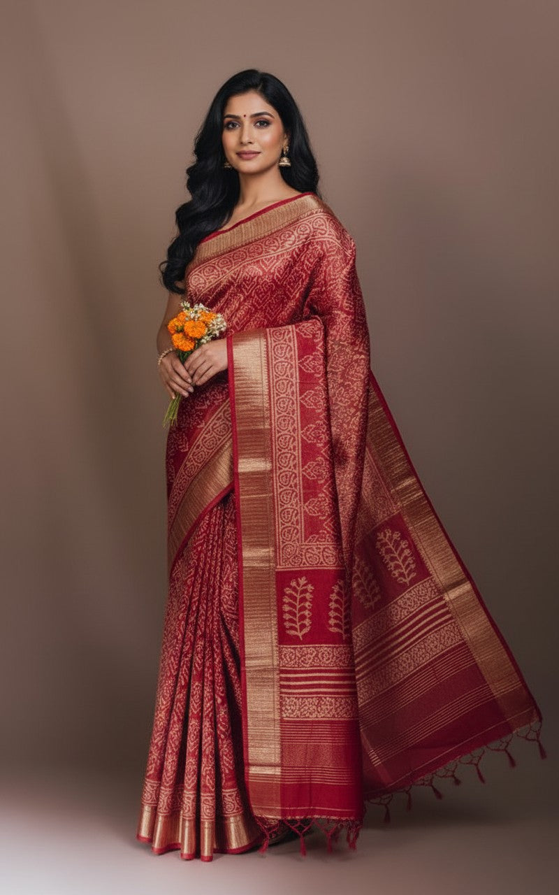Sutrayan Kashi — Handwoven Maroon Tissue Silk Saree with Traditional Zari Jaal Work