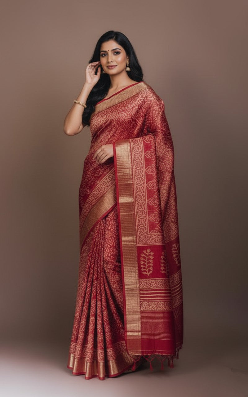 Sutrayan Kashi — Handwoven Maroon Tissue Silk Saree with Traditional Zari Jaal Work