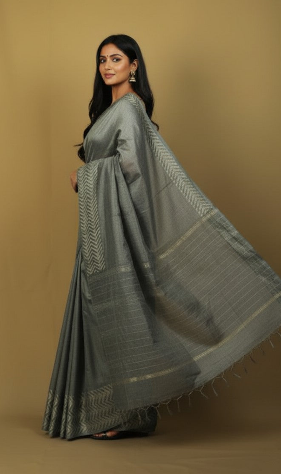Sutrayan Teal Blue Mirage - Matte Chanderi Silk Saree with Chevron Border