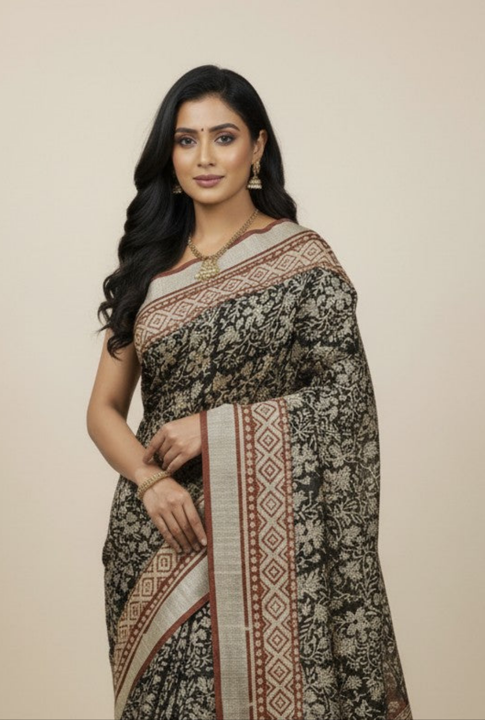 Sutrayan Earthsong - Handwoven Black & Beige Linen Saree with Botanical Motifs