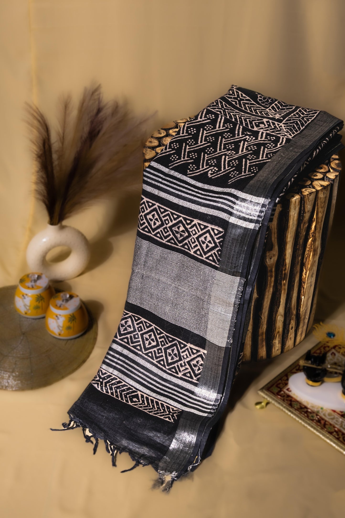 Sutrayan Tribal Muse - Handwoven Black Linen Chanderi Silk Saree with Silver Leaf Motifs
