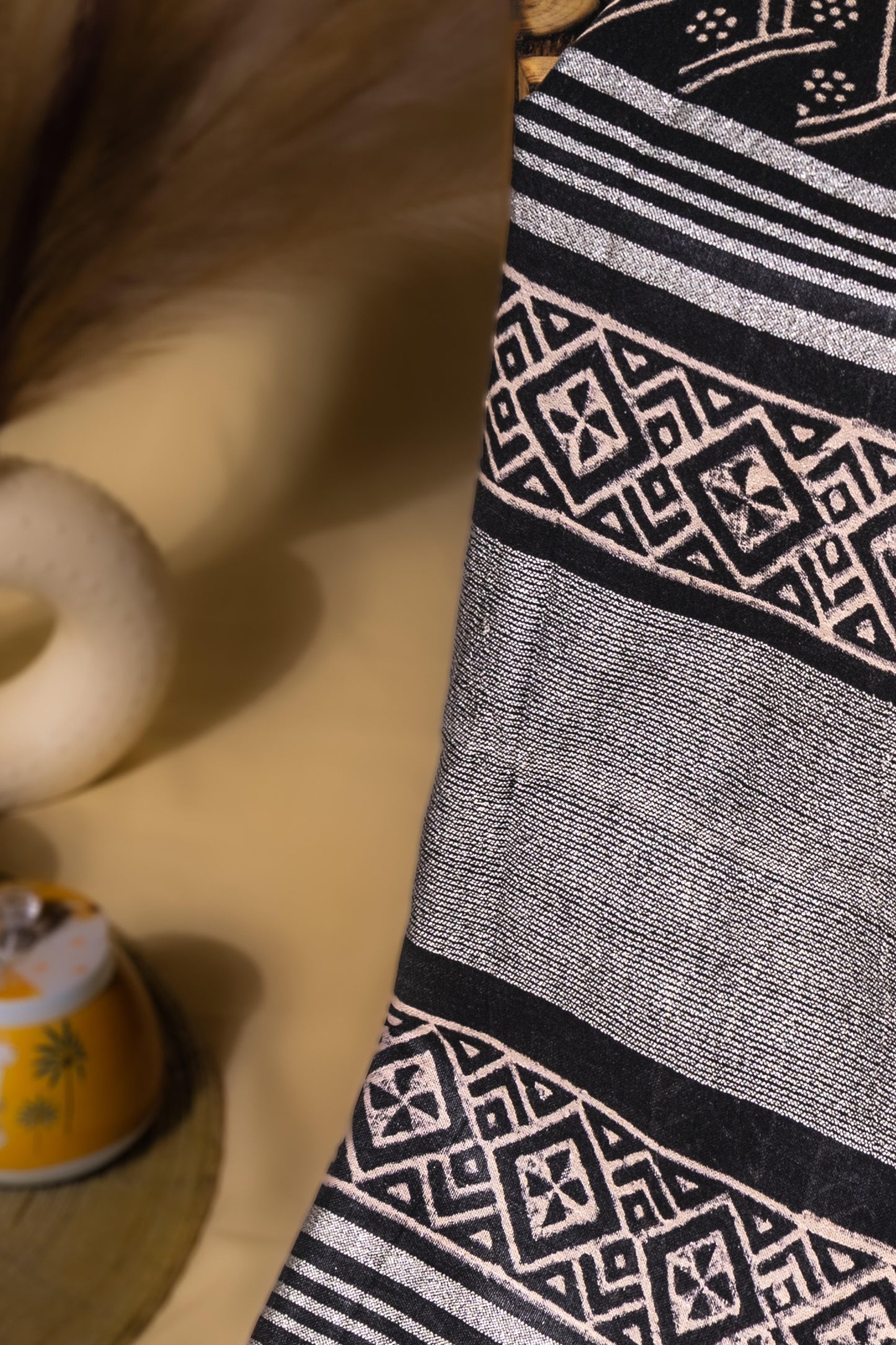 Sutrayan Tribal Muse - Handwoven Black Linen Chanderi Silk Saree with Silver Leaf Motifs