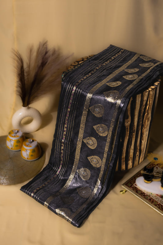 Sutrayan Midnight Grace — Handwoven Black Silk Saree with Antique Gold Buta & Line Zari