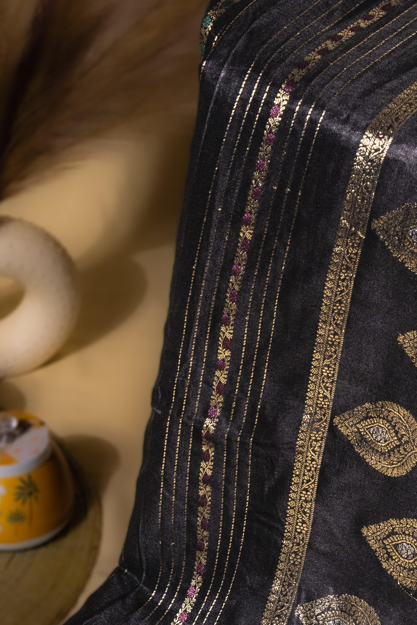 Sutrayan Midnight Grace — Handwoven Black Silk Saree with Antique Gold Buta & Line Zari