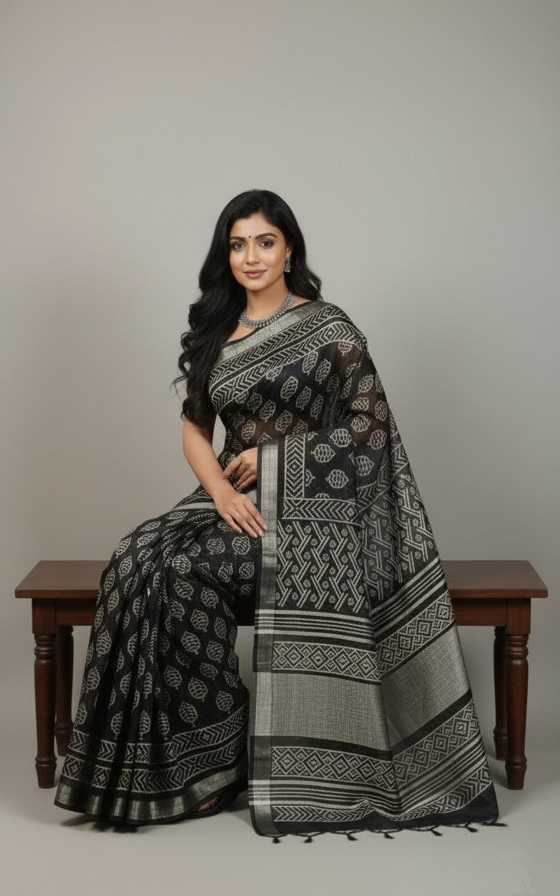 Sutrayan Tribal Muse - Handwoven Black Linen Chanderi Silk Saree with Silver Leaf Motifs