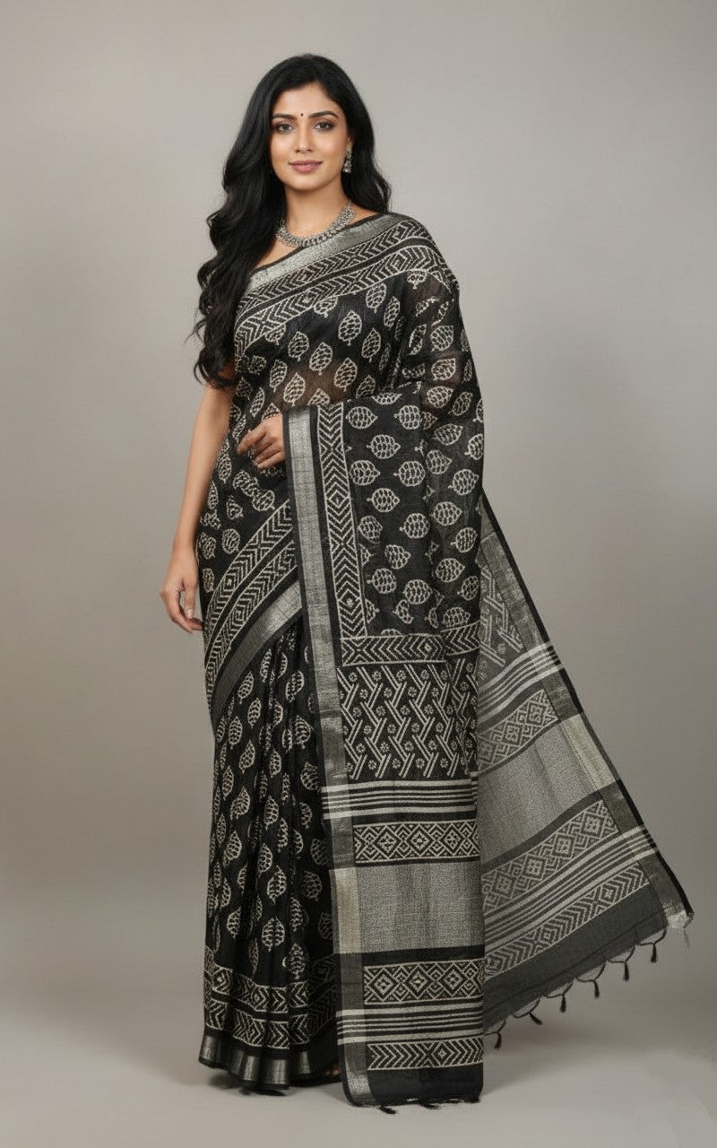 Sutrayan Tribal Muse - Handwoven Black Linen Chanderi Silk Saree with Silver Leaf Motifs