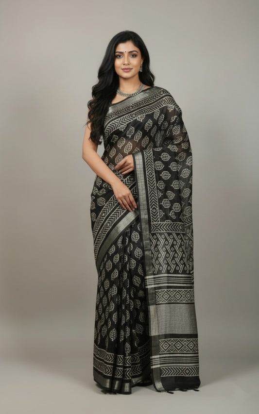 Sutrayan Tribal Muse - Handwoven Black Linen Chanderi Silk Saree with Silver Leaf Motifs