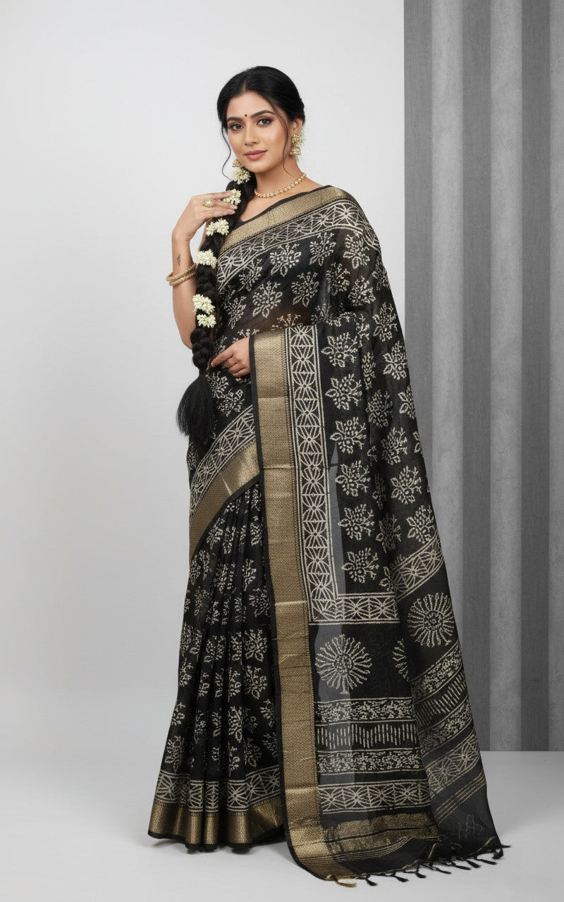 Sutrayan Black Blossom - Handwoven Black Silk Saree with Floral Zari Embroidery