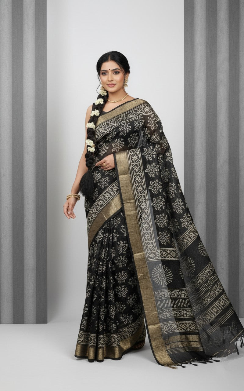 Sutrayan Black Blossom - Handwoven Black Silk Saree with Floral Zari Embroidery