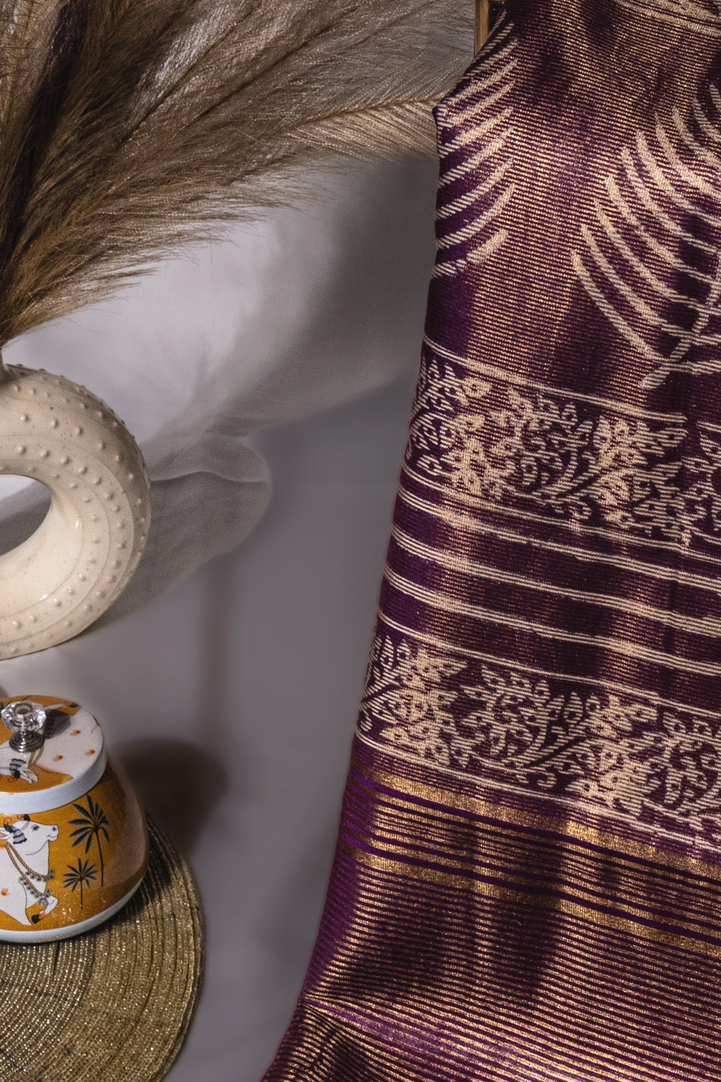 Sutrayan Vanya Vriksha - Handwoven Plum Silk Saree with Intricate Tree Motifs and Antique Zari