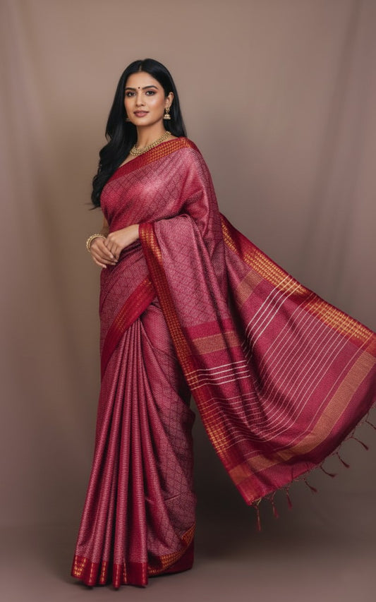 Sutrayan Ruby Weave - Handwoven Red Silk Saree with Subtle Diamond Checks and Zari Border
