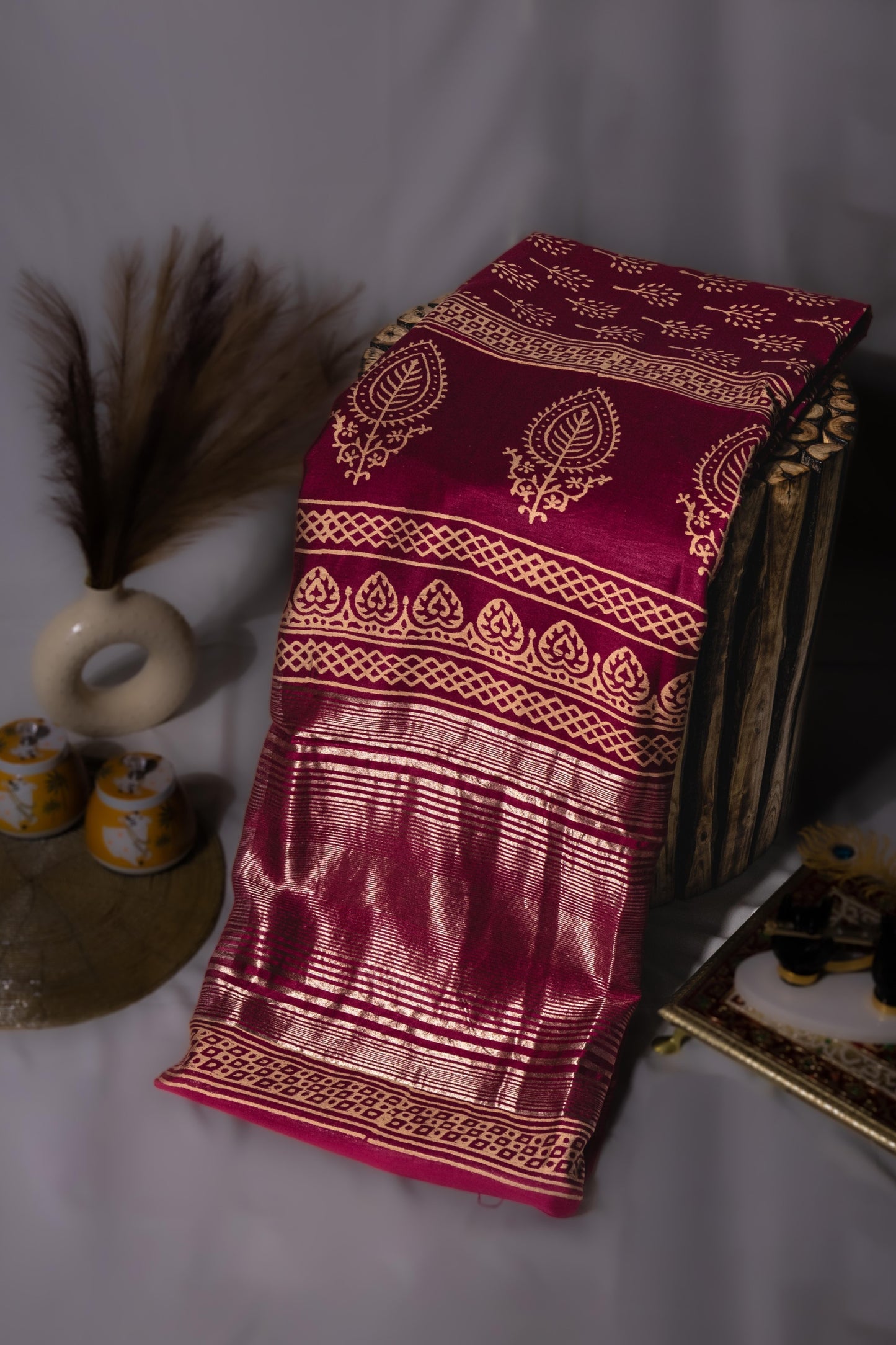 Sutrayan Gulbagh - Handwoven Wine Silk Saree with Gold Tree Motifs and Ornate Zari Border