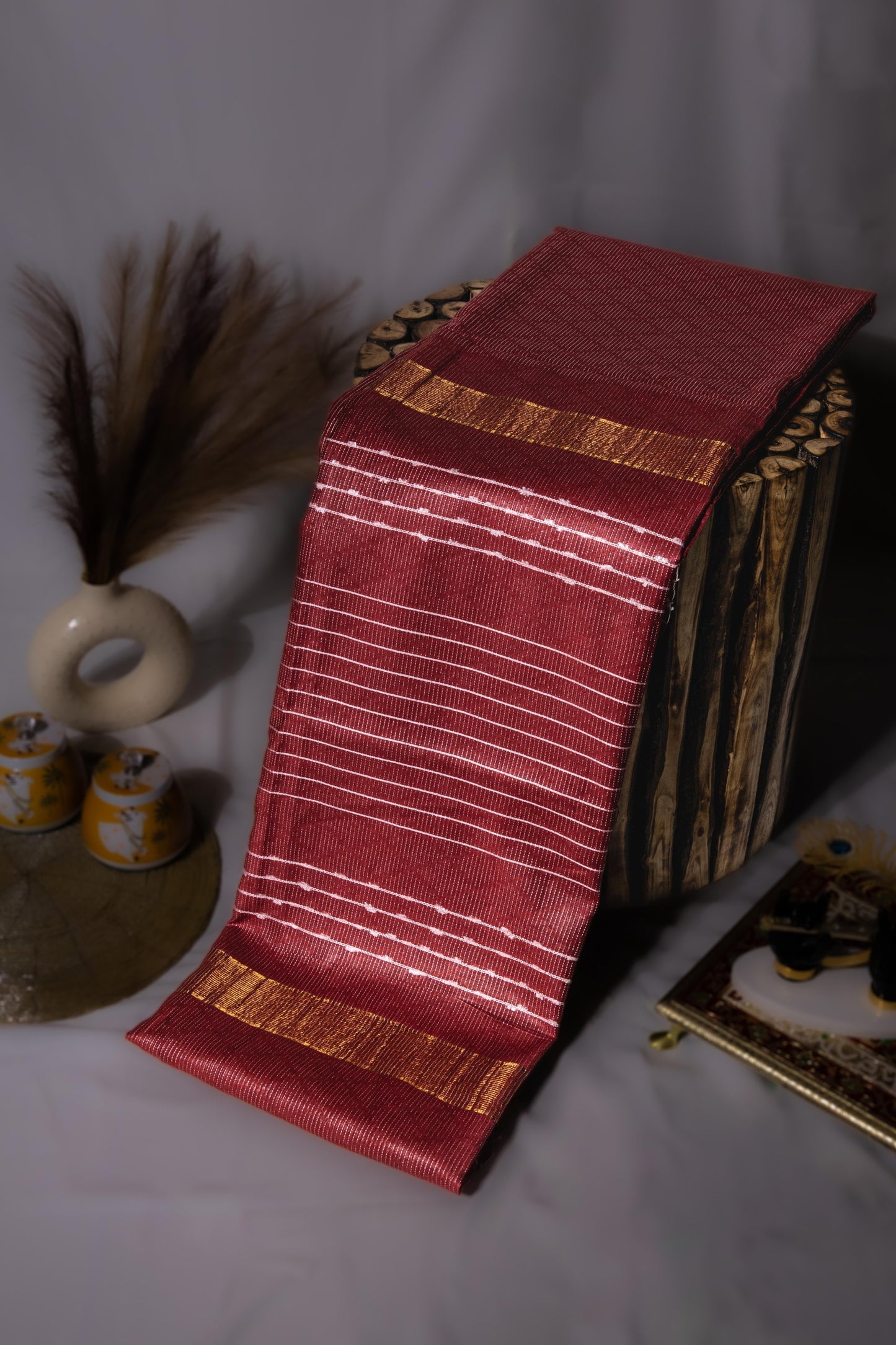 Sutrayan Ruby Weave - Handwoven Red Silk Saree with Subtle Diamond Checks and Zari Border