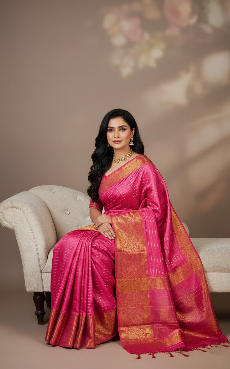 Sutrayan Blossom - Handwoven Pink Silk Saree with Golden Ikat-lnspired Zari Accents