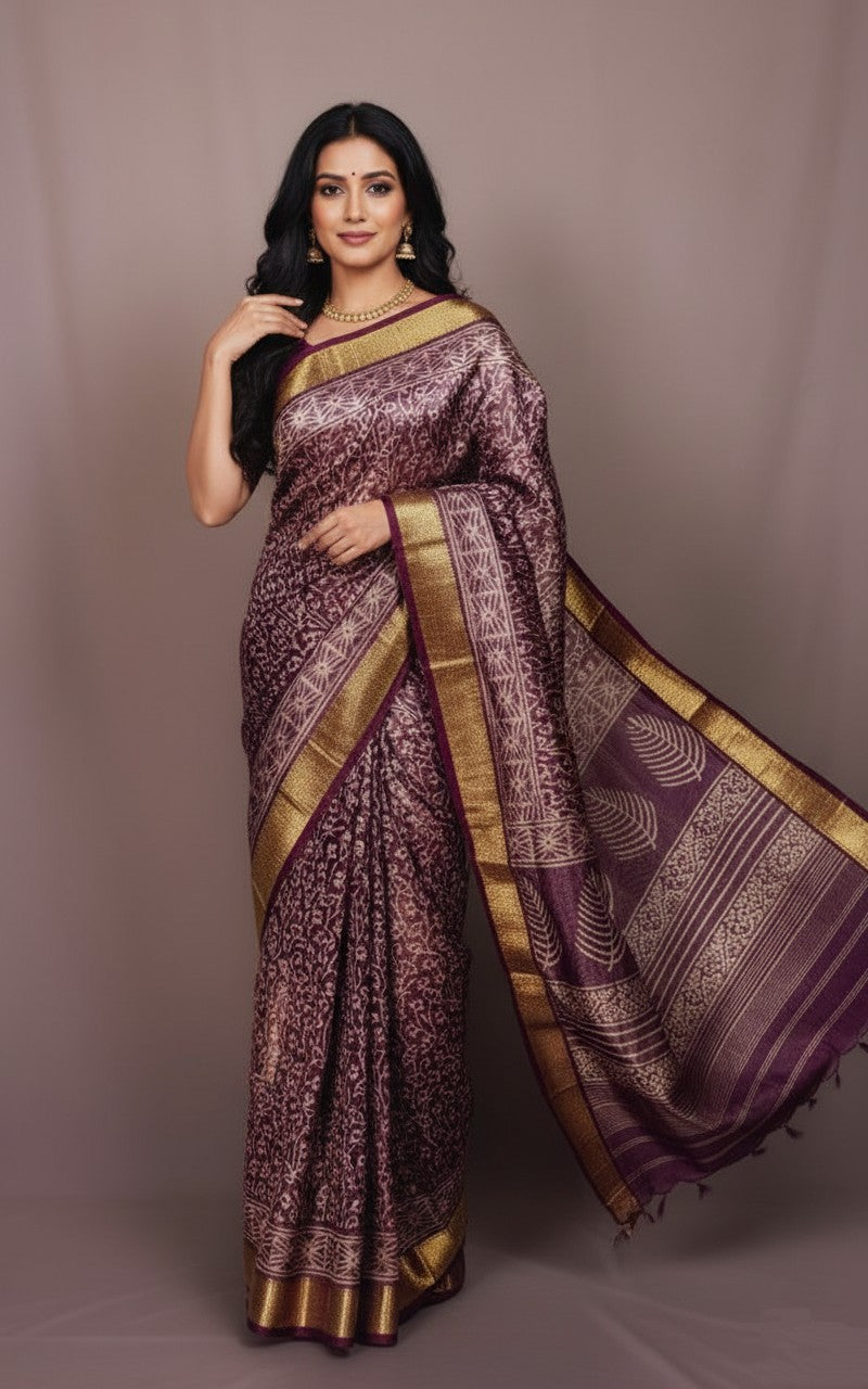 Sutrayan Vanya Vriksha - Handwoven Plum Silk Saree with Intricate Tree Motifs and Antique Zari